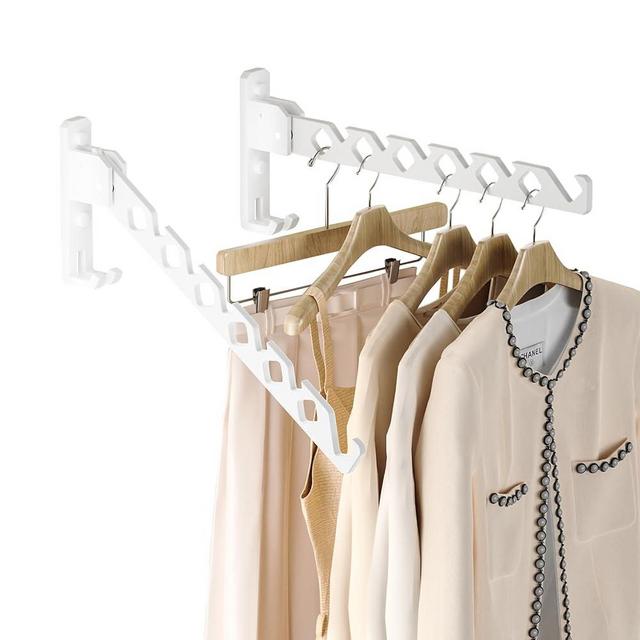Dr.DJ Wall Mount Coat Hanger Holder White Clothes Drying Organizer Rack Garment Hooks Aluminium Retractable Folding Indoor Wall Mounted Hanger Space Saver for Laundry Room Bedroom White 2Pack
