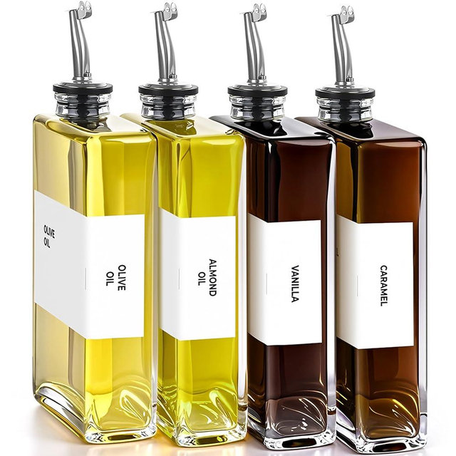 Spaceneat Olive Oil Dispenser Bottle - Includes 44 Kitchen Essential Labels - Cooking Oil Bottles for Kitchen, Coffee Syrup Dispenser - Pourer Spout with 11.8 fl oz Glass Container Cruet - 4pcs Silver