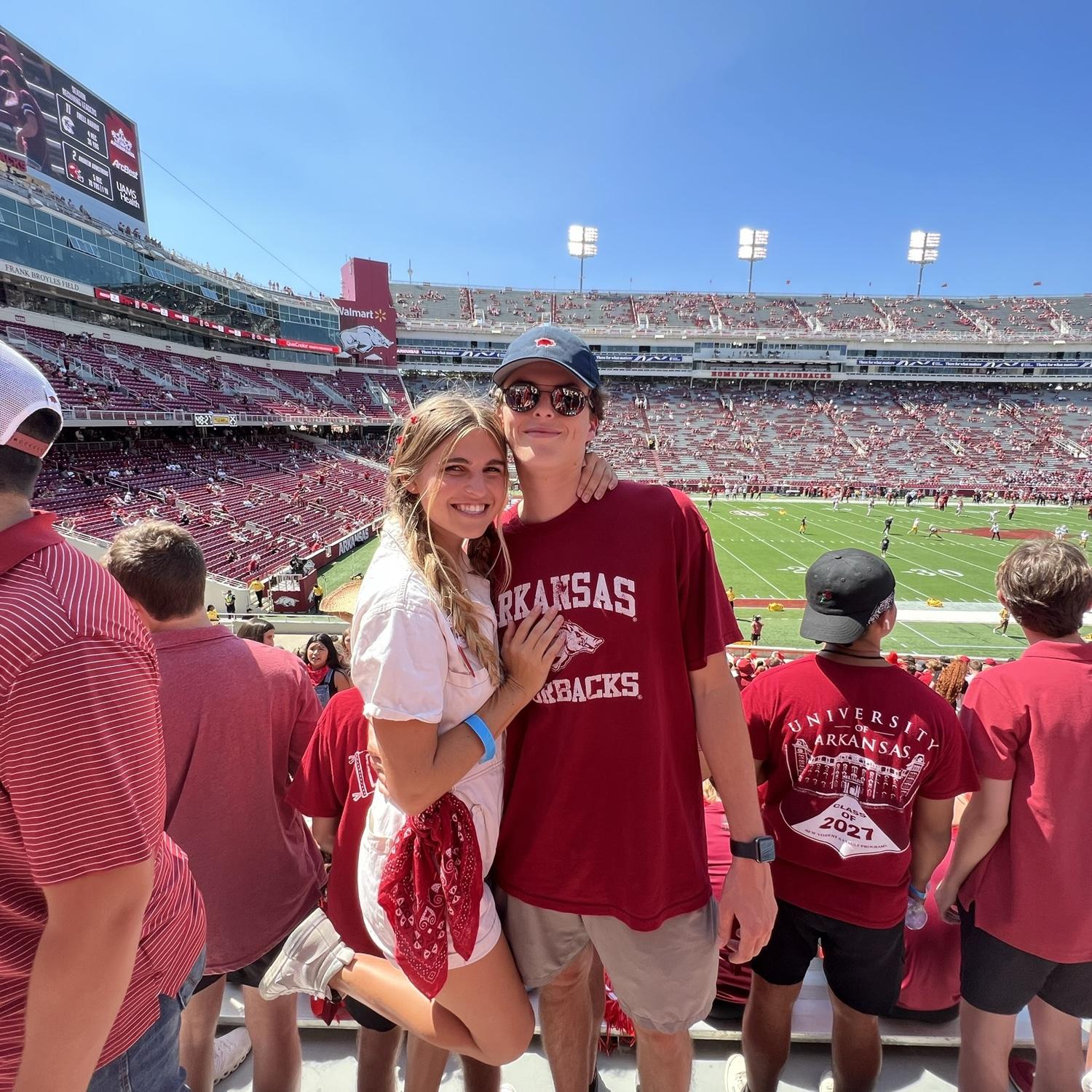 Us at a Razorback football game in September 2023! We love going to Arkansas football and basketball games together!