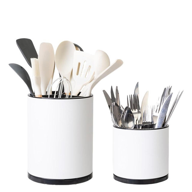LIBODOUR Kitchen Utensil Holder Extra Large Rotating For Counter Organizer Stainless Steel Storage Cooking Silverware Caddy 3 Compartment Flatware Spoon Spatula Tool Cutlery Container(2 Set White)