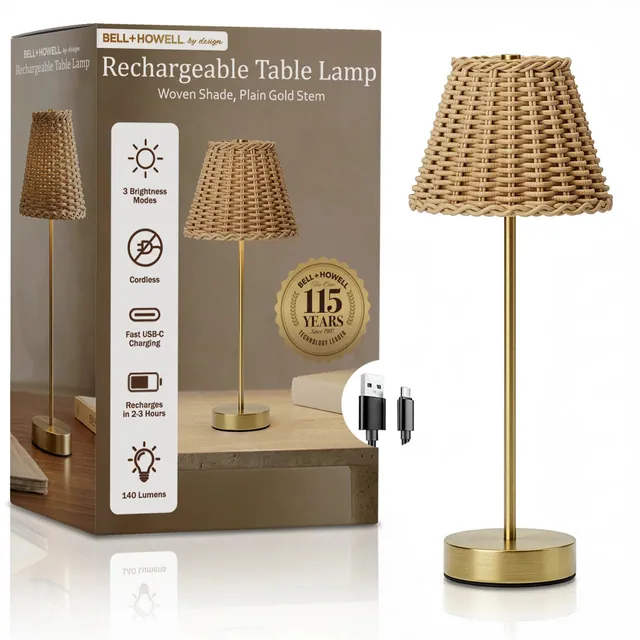 Bell + Howell Cordless Rechargeable Rattan LED Table Lamp Touch Dimmable USB-C Solid Shade Desk Lamp