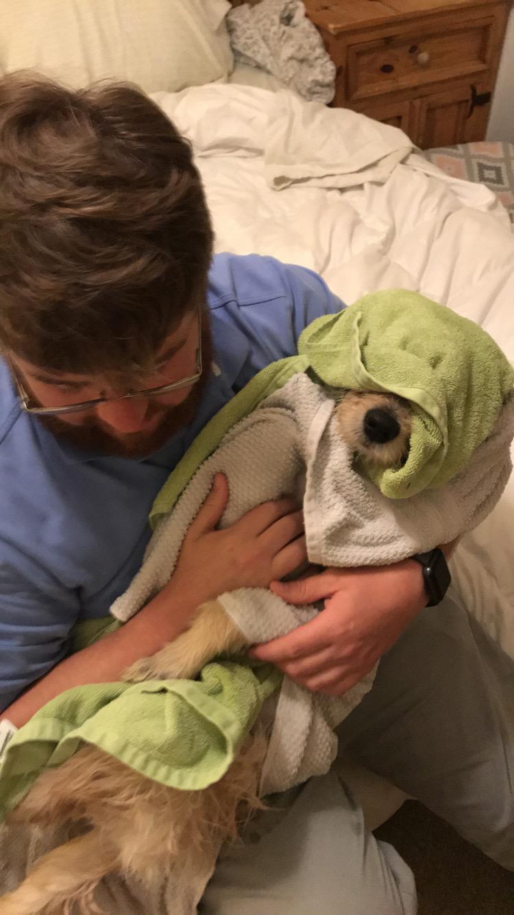 Roscoe’s first bath