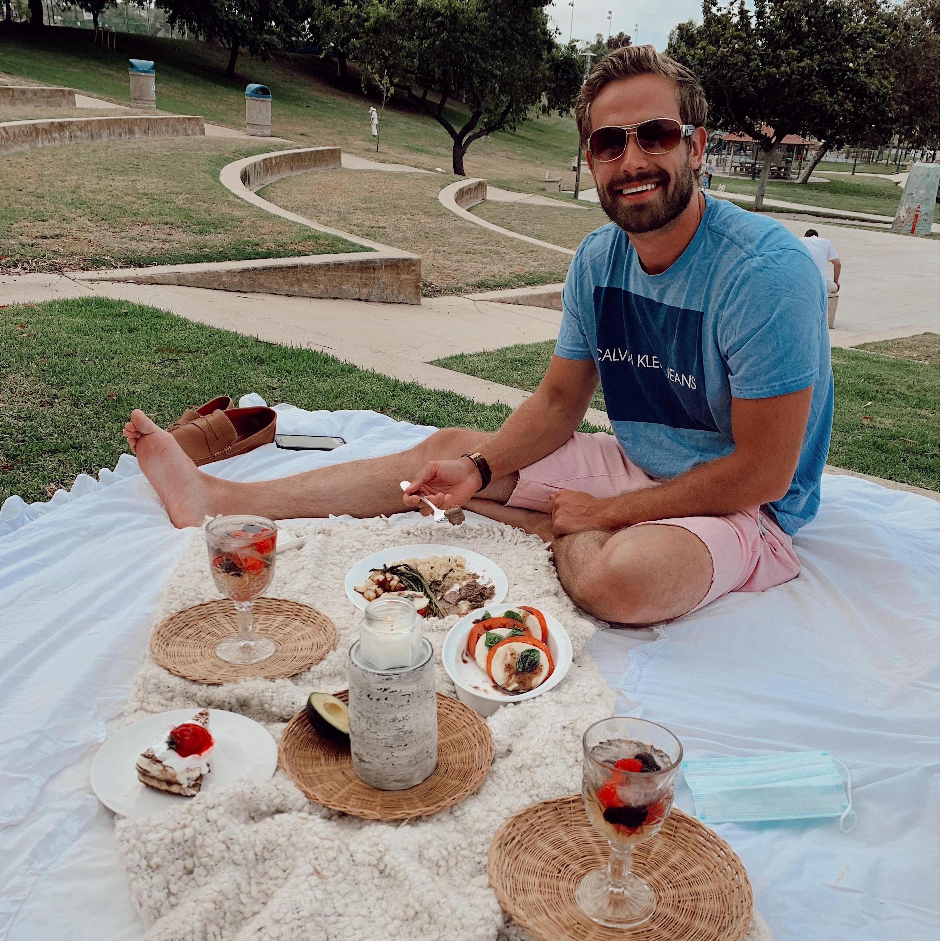 when Caleb and Vanessa first started dating they were on lockdown for Covid-19  so Vanessa would set up these cute dinner picnics for us.