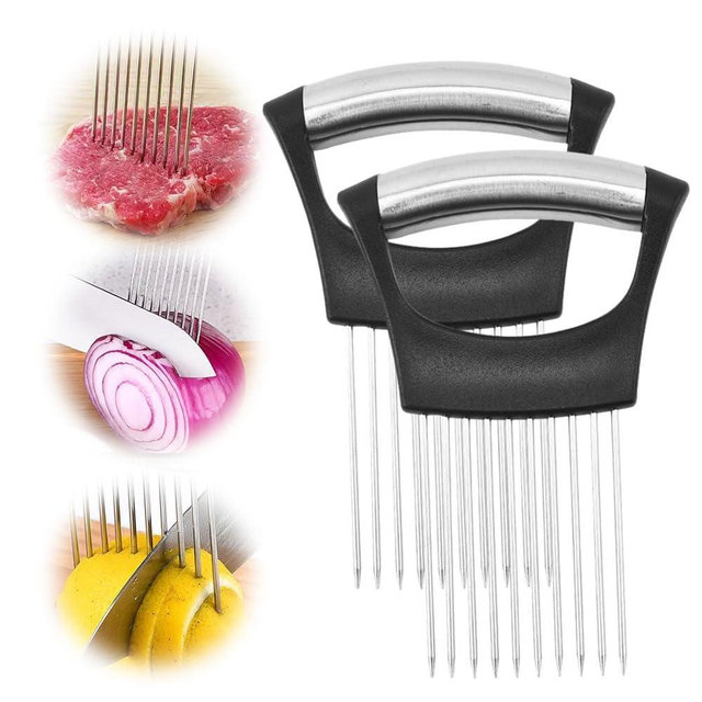 Onion Holder for Slicing, Stainless Steel Onion Cutter Lemon Slicer Vegetable Cutter, Kitchen Chopper Slicing Assistant Tool for Onion Potato and Tomato, Lemon (1 PCS)