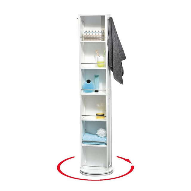EVIDECO White Swivel Storage Tower Cabinet Organizer with Mirror for Linens and Bath Essentials - Perfect for Small Spaces - 66 5/8''H x 12''L x 14.4'' - Ideal for Bedrooms and Bathrooms