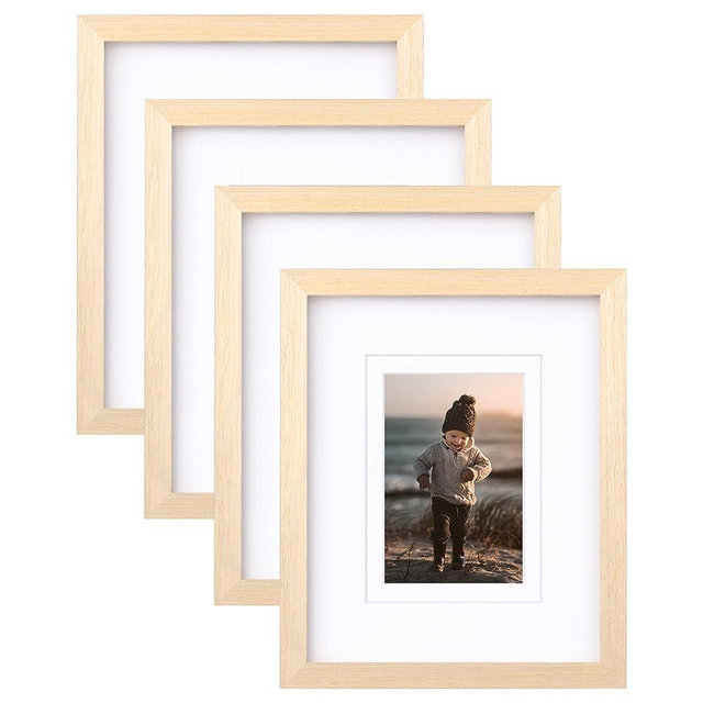 KINLINK 8x10 Picture Frames Oak Color - Beige Wood Frames with Acrylic Plexiglass for Pictures 4x6/5x7 with Mat or 8x10 without Mat, Tabletop and Wall Mounting Display, Set of 4