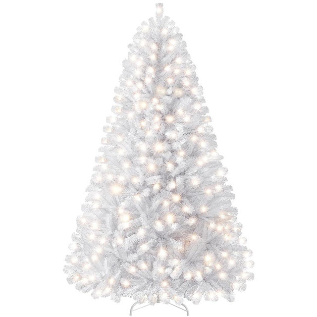 Yaheetech 6ft Pre-lit Spruce Artificial Hinged Christmas Pine Tree Prelighted Holiday Xmas Tree for Home Party Decoration with 300 Warm White Lights and 818 Branch Tips, White