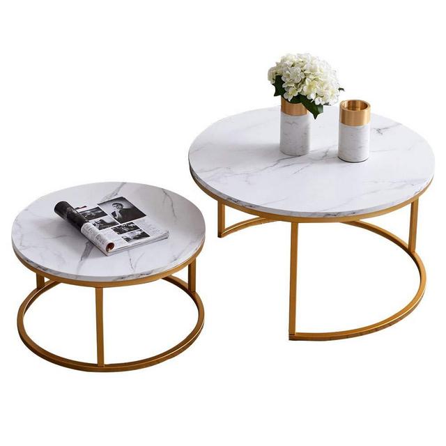 Nesting Round Coffee Table End Table, Modern Sofa Side Table with Golden Metal Frame and Marble Color Top, 32”