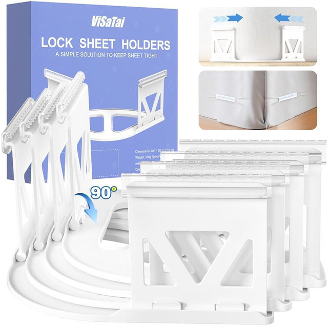 Bed Sheet Holders for Corners with Invisible Non-Slip Grippers - 4 PCS Sheet Locks for Fitted Sheets, Heavy Duty Clips, Stays in Place All Night, Easy Install, Universal Fit for Home, Dorm & Hotel