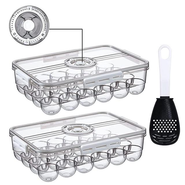 JMSWENJUAN Egg Holder, Egg Storage Bin Stackable Egg Storage Containers Clear Egg Tray Storage Box with Removable Drain Plate and Recordable time Lid Set of 2 (White-2L)