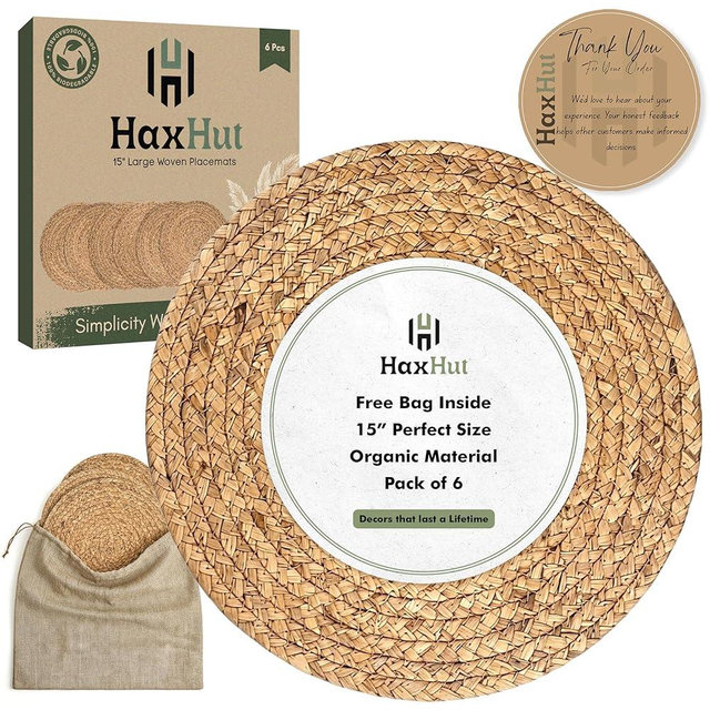 Round Woven Placemats Set of 6, Wicker Placemats for Dinner Plates | 15 Inch Natural Rattan Boho Style Braided Place Mats, Non-Slip, Heat Resistant, Dining Table Chargers with Bag for Storage