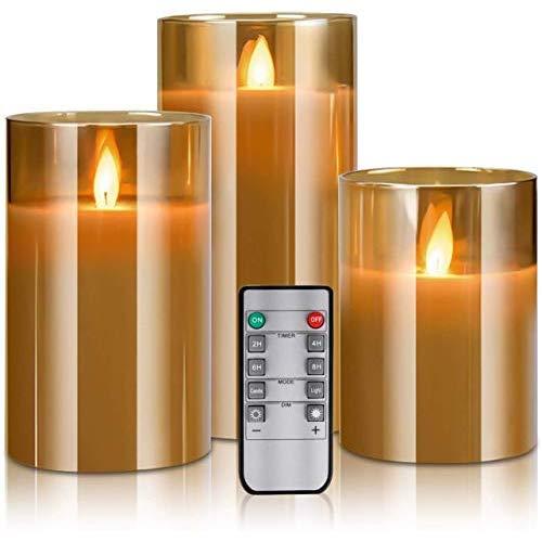 Yinuo Mirror LED Flameless Candles, Battery Operated Flickering Candles Pillar Real Wax Moving Flame Electric Candle Sets Gold Glass Effect with Remote Timer, 4" 5" 6" Pack of 3