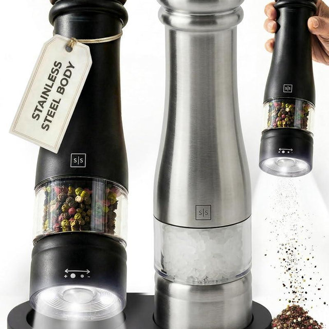 Electric Salt and Pepper Grinder Set - Styled Settings Electric Salt and Pepper Shakers, Automatic Stainless Steel Set with LED Light, Battery Operated, Adjustable Coarseness, Wood Base