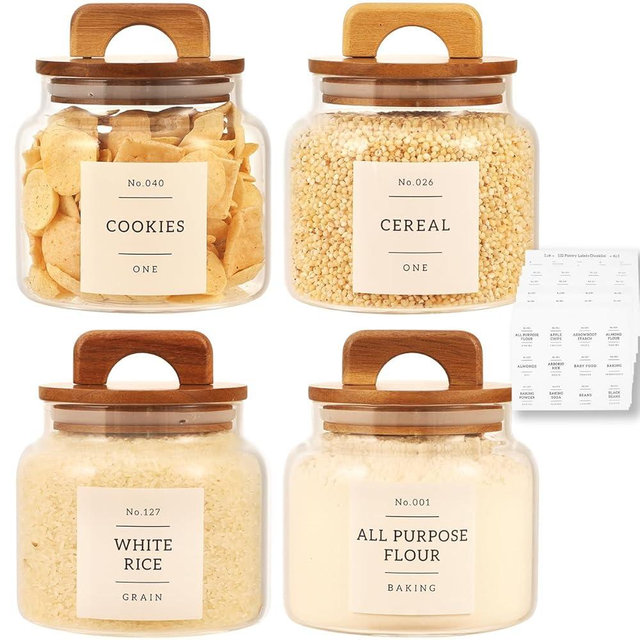 4 Pack Glass Pantry Storage Containers with 132 Pantry Labels - 37 FL OZ Kitchen Glass Canisters with Bamboo Airtight Lids - Farmhouse Glass Pantry Jars for Cookie, Rice, Pasta, Cereal, Bath Salt