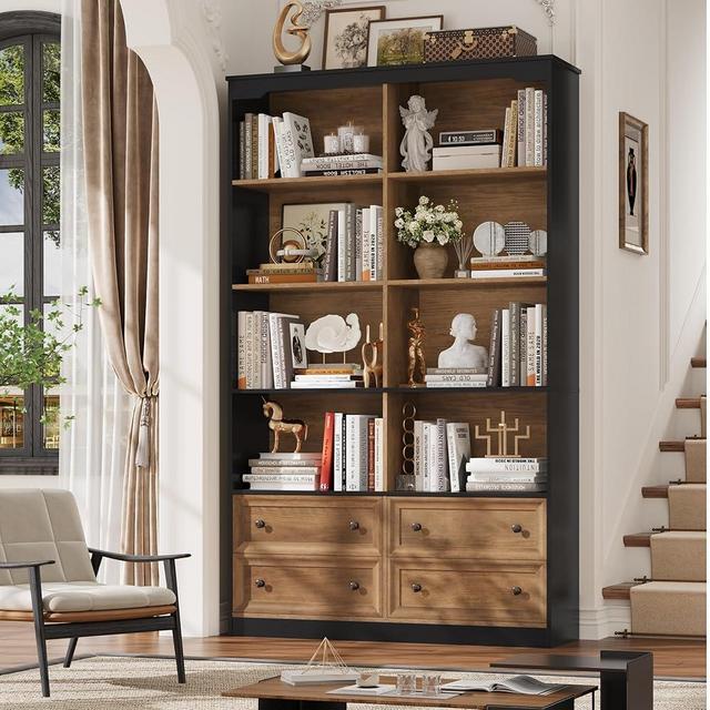 FINETONES 71" Tall Bookshelf with 4 Drawers, 6-Tier Double Wide Bookshelf and Bookcase with Storage, Tall Bookshelf Large Bookshelf Standing Book Cabinet for Home Office, Brown/Black