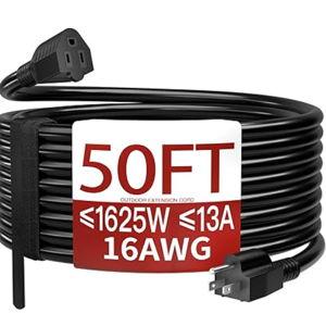 Skrizcable 16/3 50 FT Outdoor Extension Cord Waterproof, Weatherproof & Flame Retardant Black 3 Prong Power Cord Outside for Lawn & Garden, 13 Amps 1625 Watts 125 VAC 16AWG SJTW, ETL Listed