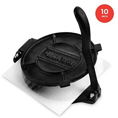 Uno Casa Cast Iron 10 Inch Tortilla Press - Roti and Tortilla Maker - Bonus 100 Pcs Parchment Paper