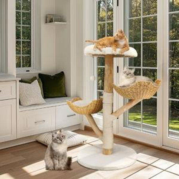WISFOR 44-in Modern Cotton Cat Tree, Beige - Chewy.com