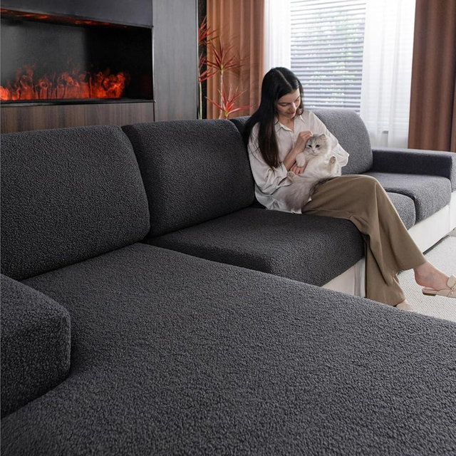 OHSIO Couch Cushion Covers for Sectional Sofa, Stretch Soft Sofa Slipcovers Washable Wear-Resistant Universal Furniture Protector for Living Room(3 Seaters Covers+1 Chaise Cover, Dark Gray)