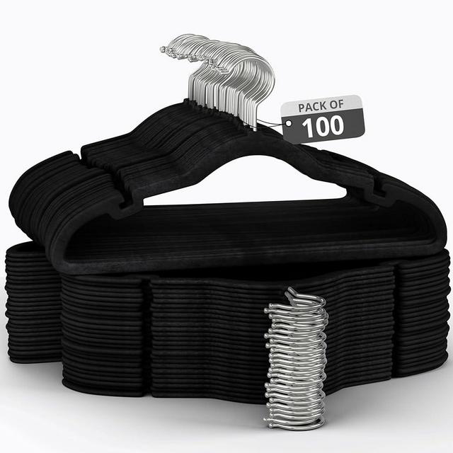 Our Modern Space 100 Pack Velvet Hanger for Shirt Pants Dresses Skirts Suits Jackets - Slim Space Saving Design - Standard Coat Hanger - Sturdy & Durable Design with Shoulder Grooves Hook - Black