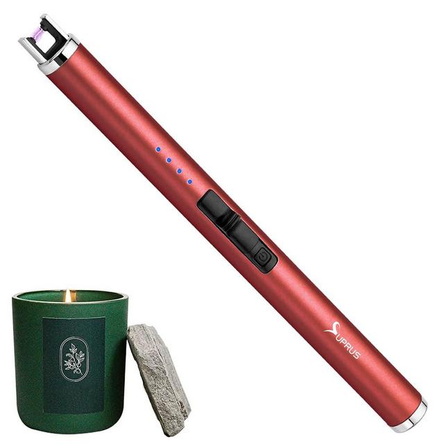SUPRUS Candle Lighter Arc USB Lighter Electric Lighter with Upgraded LED Battery Display Safety Switch Rechargeable Flameless Plasma Windproof Portable for Cooking Camping BBQs (1, Red)