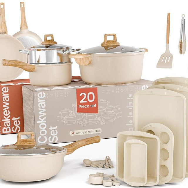 Bakken Master 20 Piece Cookware Set - Pots and Pans with Handle Grips and Tempered Glass Lids, With 6-piece Bakeware Set, Nonstick Granite Coating, Ceramic Max Temperature (Up To 500° F), Cream