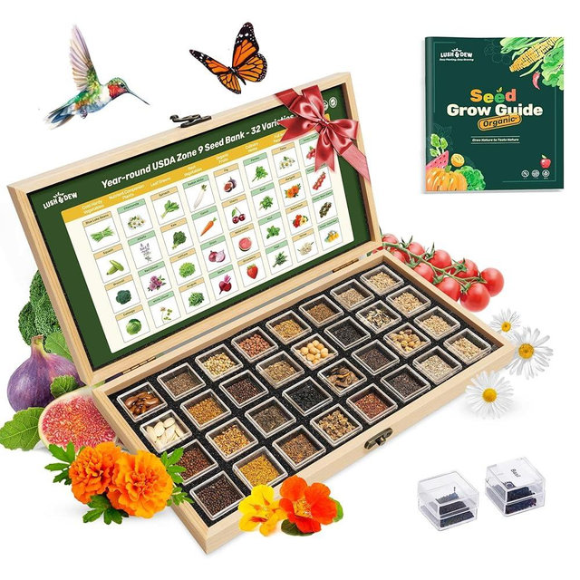 Lush&Dew Year-Round USDA Zone 9 Seed Bank, Gardening Gifts for Women Men, 32 Varieties Non-GMO Heirloom Seeds of Vegetables Herbs Fruits, Gift for Mom Dad, Survival Seed Kit for Raised Garden Beds