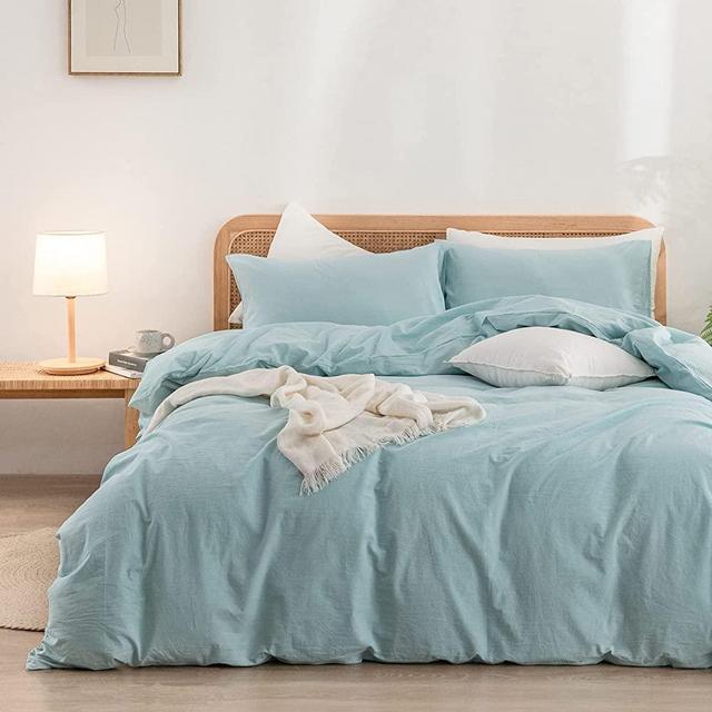 BESTOUCH Duvet Cover Set 100% Washed Cotton Linen Feel Super Soft Comfortable Chic Lightweight 3 PCs Home Bedding Set Solid Hushed Green Queen