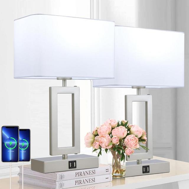 BrightWe Table Lamp Set of 2 Lamps for Bedroom, Touch Control Table Lamps with 2 USB Ports, 3-Way Dimmable Bedside Nightstand Lamps, Silver&White Lamp for End Table Living Room Modern