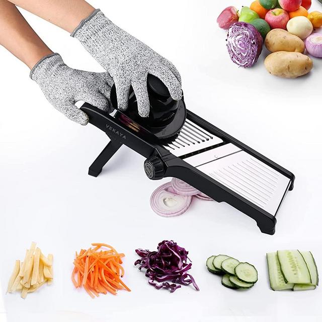 VEKAYA Mandoline Slicer for Kitchen, [4.5mm/9mm Julienne & 0-9mm Slice] Adjustable Mandolin Slicer for Onion Potato Carrot Vegetable Food Fruit with Bonus Cut Resistant Gloves, Food Safety Holder