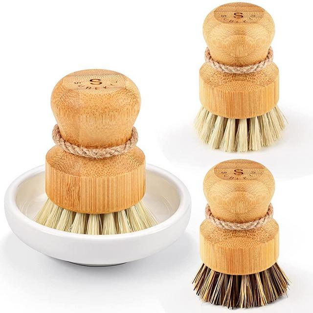 SUBEKYU Bamboo Dish Scrub Brushes, Kitchen Wooden Cleaning Scrubbers Set for Washing Cast Iron Pans/Pots, Set of 3