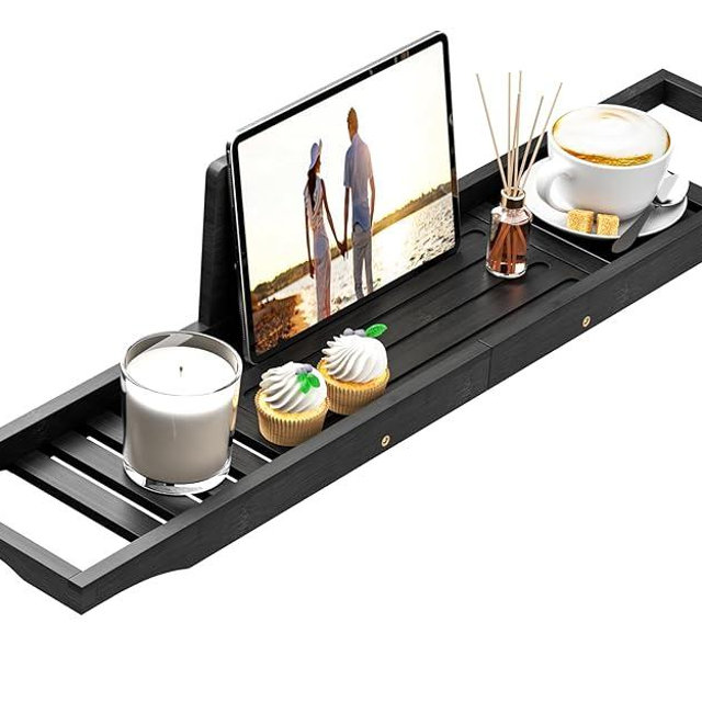Bathtub Tray Caddy Black - Bath Tray Black - Bath Tub Table Tray Caddy - Bamboo Bath Tray for Tub