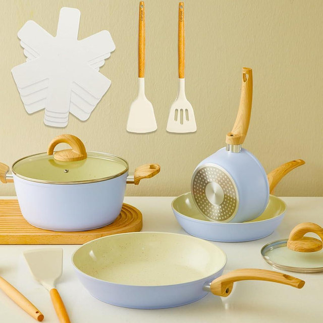 Vkoocy Blue Non Stick Pots and Pans Set, Healthy Ceramic Cookware Set, 12pcs Kitchen Cooking Pots and Frying Sauce Saute Pans Set, PFAS-Free with Kitchen Utensils and Lid