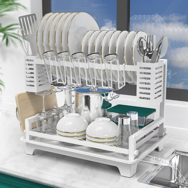 B-Land Dish Drying Rack, 2 Tier Dish Racks for Kitchen Counter, Large Dish Drying Rack with Drainboard & Utensil Holders, Rust-Proof Dish Drainers,Kitchen Organization (White)