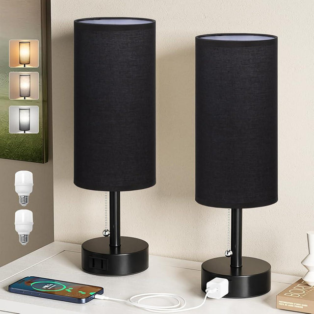 Fenmzee Black Bedside Table Lamps Set of 2-3 Color Temperatures Pull Chain Lamp with AC Outlet Charging Port, Round Night Stand Lamps for Bedroom Office, Small Bed Side Light with E26 LED Bulbs