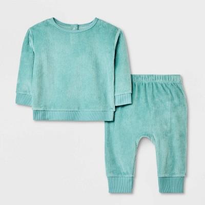 3-6M Baby 2pc Ribbed Velour Top & Bottom Set - Cat & Jack™ Navy Blue