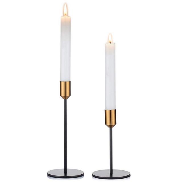 2 Pcs Black Brass Candlestick Holders Gold Taper Candle Holders, Centerpiece Table Decorative Modern Candlestick Holder Set, Reception Candlelight Dinner Ornaments for Party Wedding (S + L)