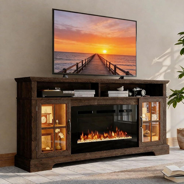 Nordivale 70" Fireplace TV Stand, Farmhouse Entertainment Center for TVs Up to 80”, TV Console with Storage Cabinets, Media Console for Living Room, Brown TV Stand and Black Fireplace
