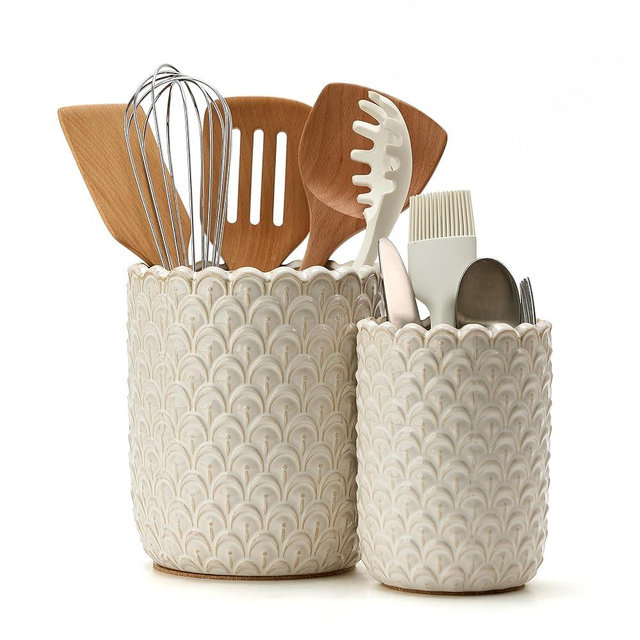 JIEMEI HOME Kitchen Utensil Holder, Large 7.5"+6.2" Petal Ceramic Utensil Crock for Countertop, Utensil Holder with Cork Mat, Morden Utensil Organizer for Spatula, Kitchen Decor, Set of 2, Aged Ivory