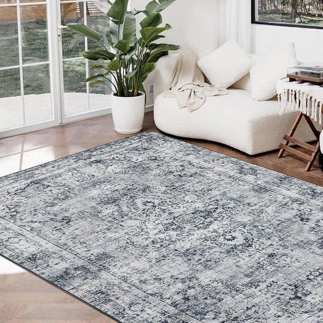 Joydeco 5x7 Area Rugs for Living Room, Machine Washable Vintage Area Rugs, Low Pile Non Slip Carpet, Lightweight Chenille Print Rug for Bedroom, Dining Room, Home Office, Light Grey