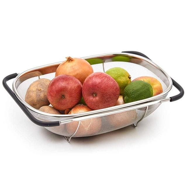 EZOWare Over the Sink Colander Strainer, Large Fine Mesh Stainless Steel Kitchen Basket with Extendable Long Grip Handles for Rinsing & Washing Fruits, Vegetables, Rice, Drain Pasta