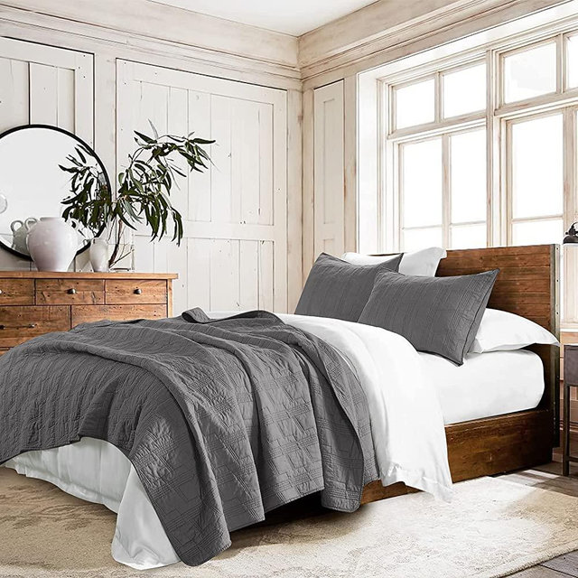 100% Cotton Quilt Set King Size, Grey Pre-Washed 3-Piece Bedspread Coverlet Set, Cozy Lightweight Stitching Decorative Bedding Cover with 2 Shams in Geometric Pattern Rustic Style for All Season
