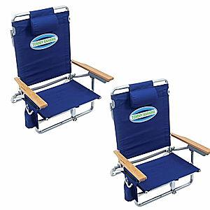 Tommy Bahama 2-Pack 5-Position Classic Lay Flat Backpack Beach Chair with Cooler and Cup Holder, Portable Folding Beach Chair for Tanning, Navy