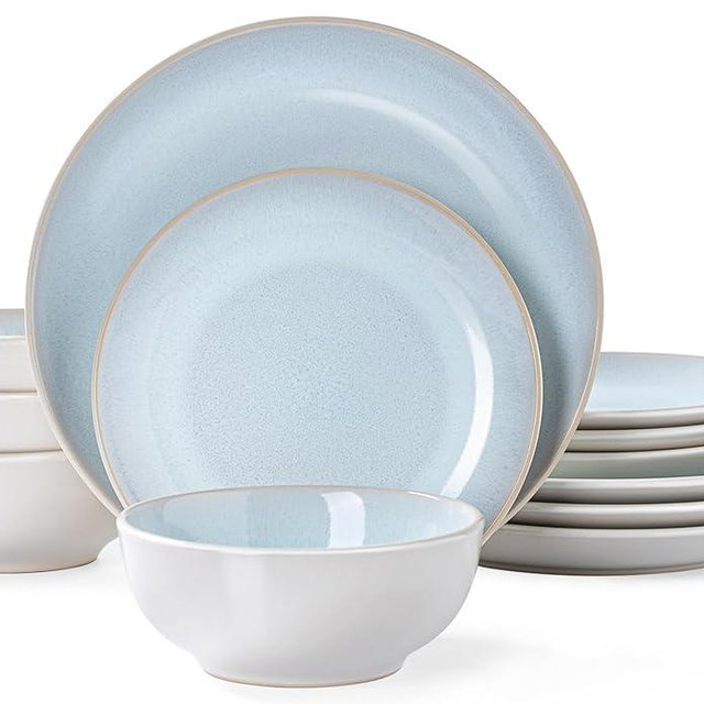 Plates and Bowls Sets for 4 - CJDC-QUELO 12-Piece Stoneware Dinnerware Sets, Ceramic Dishware Set for Kitchen Use and Formal Dining, Chip and Scratch Resistant Microwave Dishwasher Safe, Off White