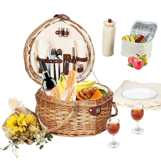 RORLAND Heart Shaped Picnic Basket Set 2 Person,Wicker Romantic Willow Woven Basket W/Tableware for Camping Indoor Outdoor Party,Couple Gift for Valentine's Day,Engagement,Wedding,Anniversary,Birthday