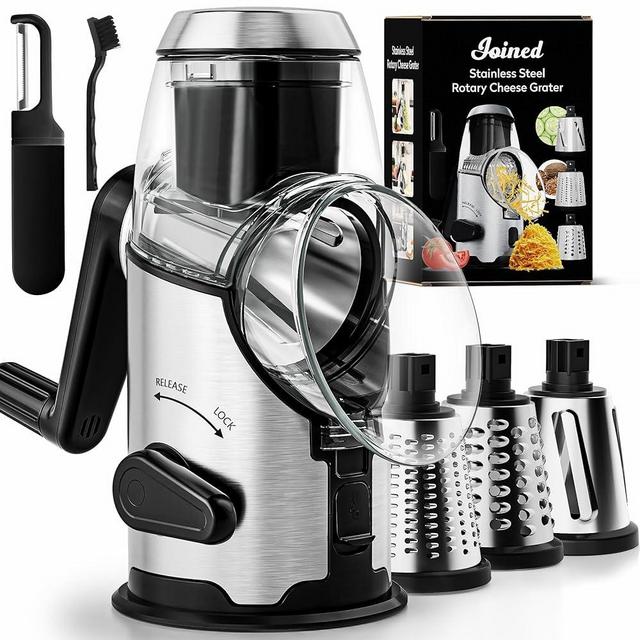 Joined Rotary Cheese Grater with Handle - Mandoline Slicer with 3 Stainless Steel Drum Blades-Vegetable Slicer Walnuts Grinder Cheese Shredder Round Mandoline with Peeler
