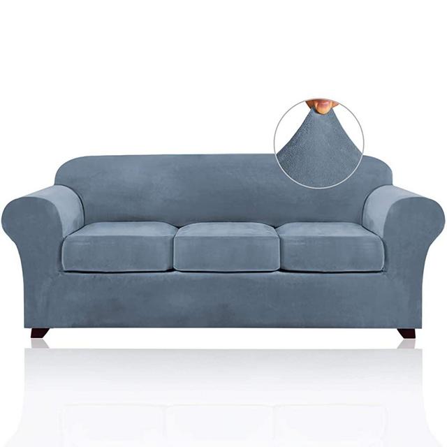 4 Pieces Sofa Covers Stretch Velvet Couch Covers for 3 Cushion Sofa Slipcovers Thick Soft Sofa Covers with 2 Non Slip Straps Furniture Covers with 3 Individual Seat Cushion Covers (Large, Stone Blue)