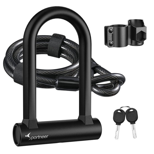 Sportneer Bike Lock Set Heavy Duty Bike U Lock with 5 Ft Security Steel Cable, Bicycle U Locks with Keys and Sturdy Mounting Bracket for Road Mountain Bike