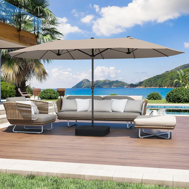 GDPFN 15FT Large Patio Umbrella with Base Included, Outdoor Deck Standing Umbrella with Crank Handle, Double-Side Rectangular Pool Umbrella for Outside, Market, Patio, Beige