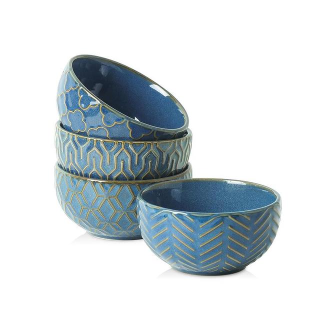 Sureasy Small Bowls 4 OZ, 3.5 inch Dipping Bowls, Ceramic Embossed Mini Bowls for Ice Cream, Side Dishes, Sauces, Housewarming, Set of 4, Blue